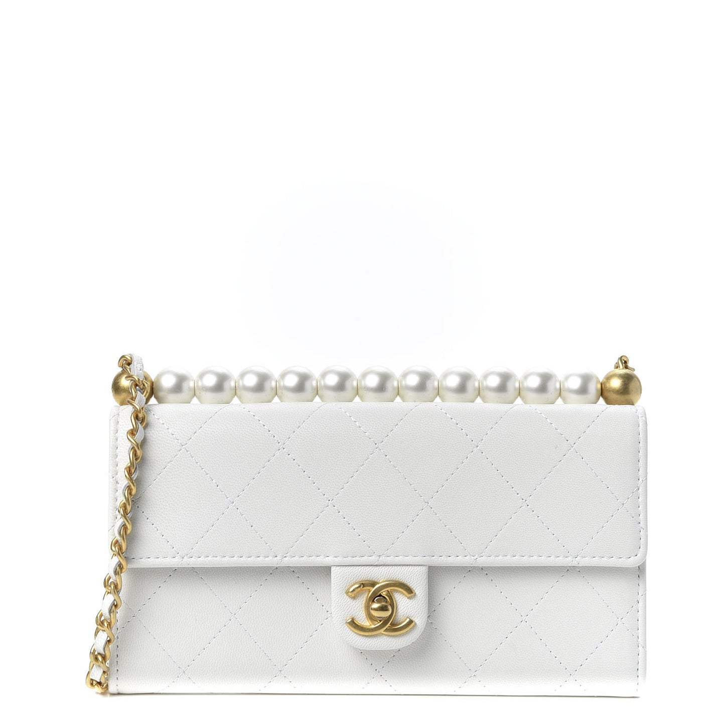 Lambskin Quilted Chic Pearls Clutch With Chain White