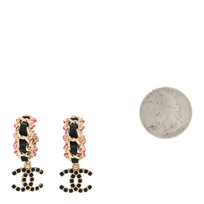 Chanel Lambskin Enamel Crystal CC Chain Hoop Drop Earrings Gold Black Pink 2 of 5