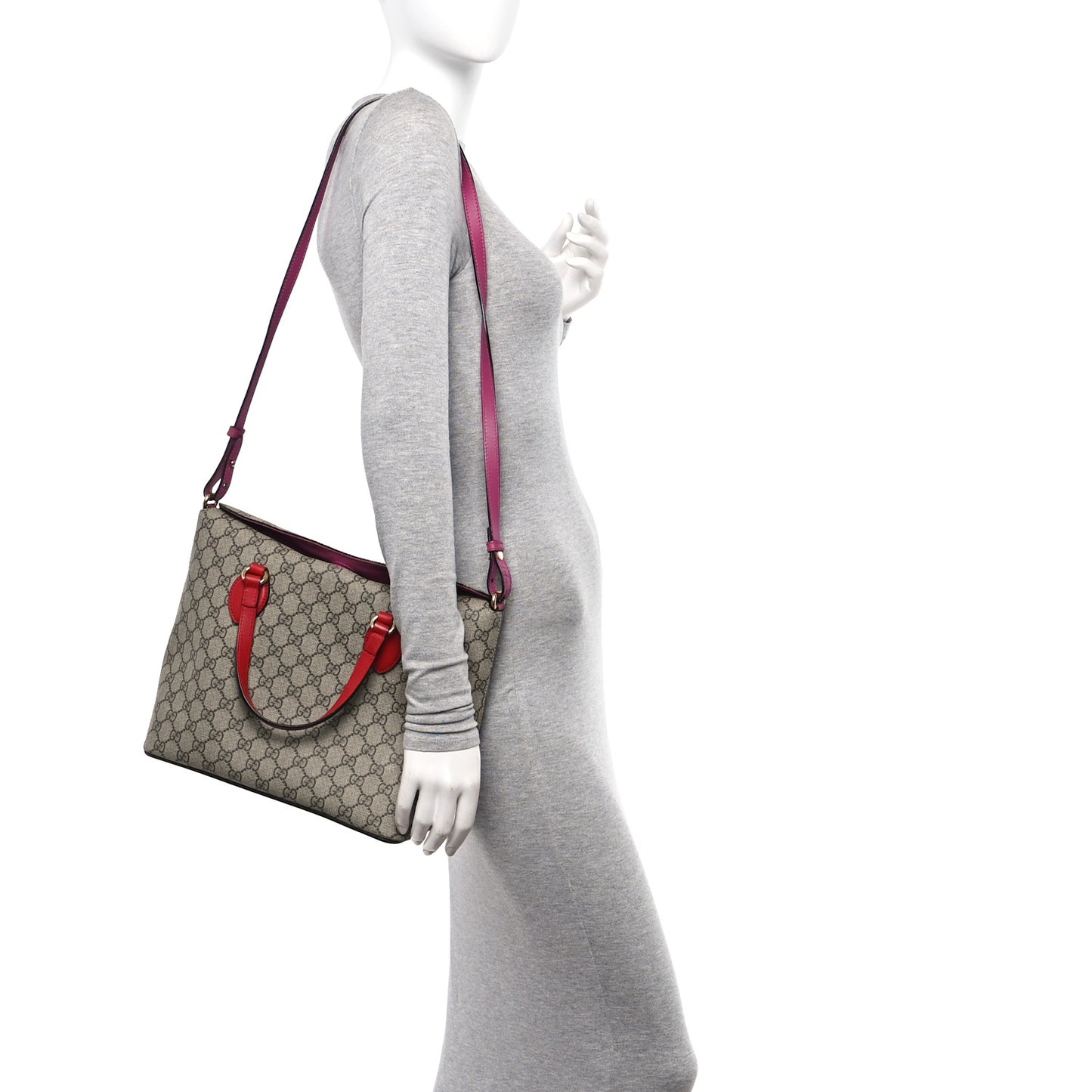 GG Supreme Monogram Linea A Foldover Tote Beige Hibiscus Red New Rosette