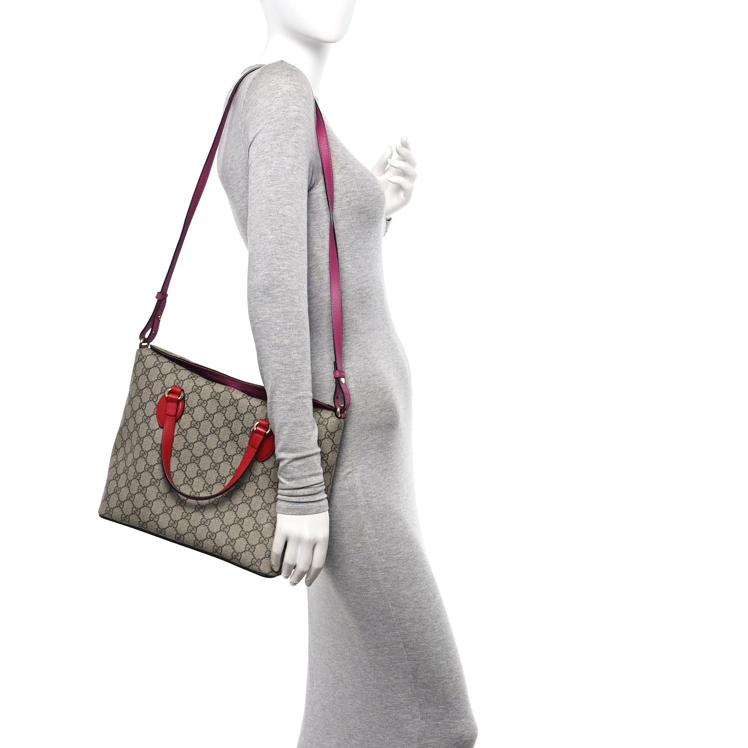 Gucci GG Supreme Monogram Linea A Foldover Tote Beige Hibiscus Red New Rosette 2 of 10