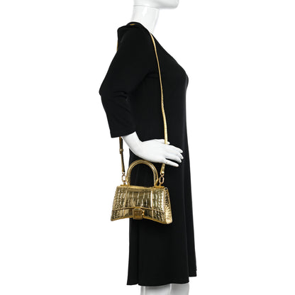 Balenciaga Metallic Calfskin Crocodile Embossed Hourglass Top Handle Bag XS Gold 2 of 12