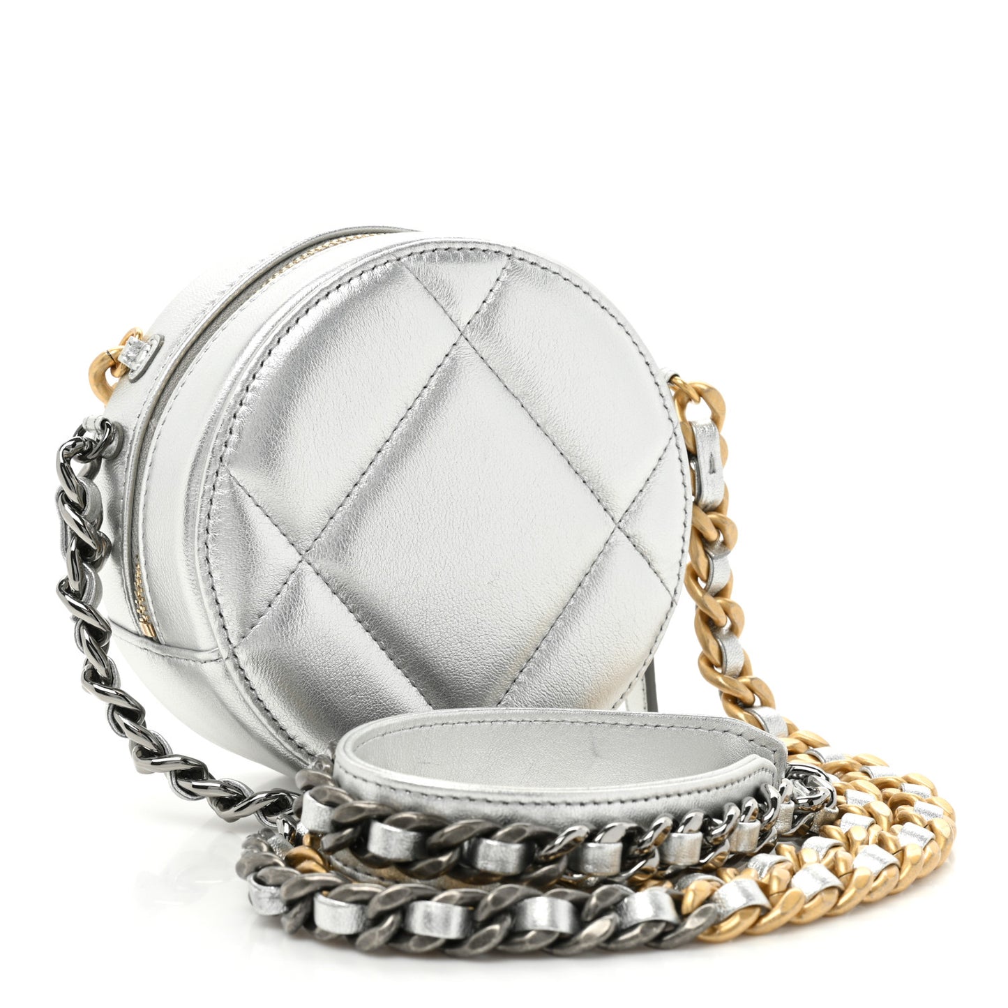 Metallic Lambskin Quilted Chanel 19 Round Clutch With Chain Silver