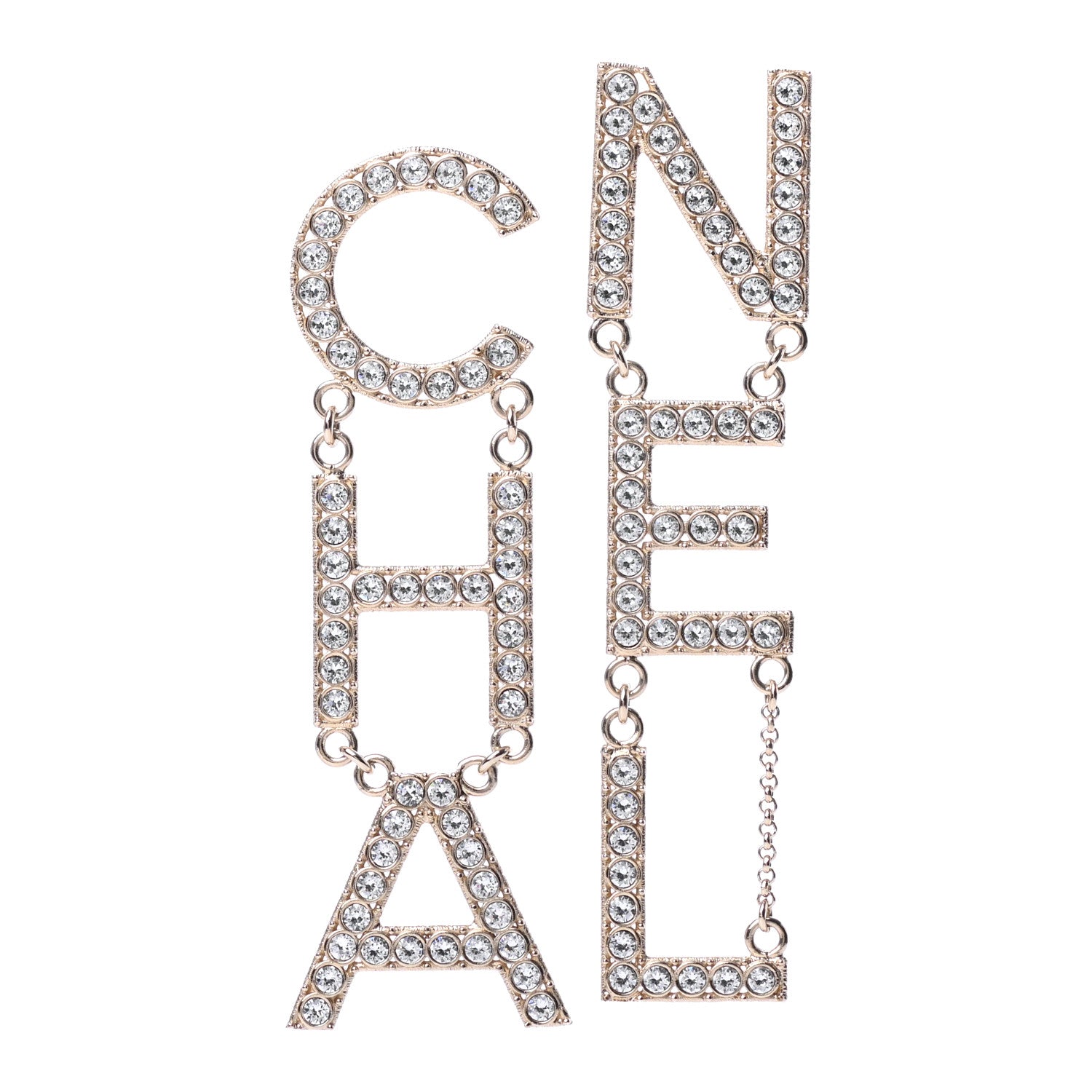Chanel Crystal Cha-Nel Logo Drop Earrings Gold 1 of 4