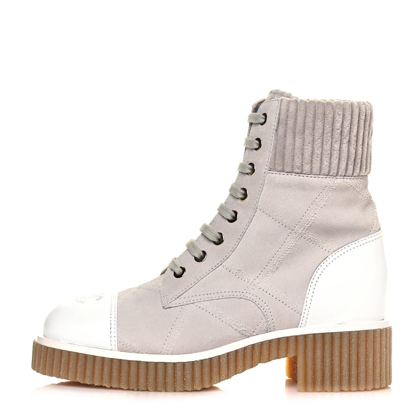 Suede Calfskin Velvet Quilted CC Combat Boots 36 Grey