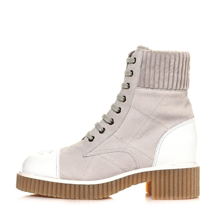 Chanel Suede Calfskin Velvet Quilted CC Combat Boots 36 Grey 1 of 8