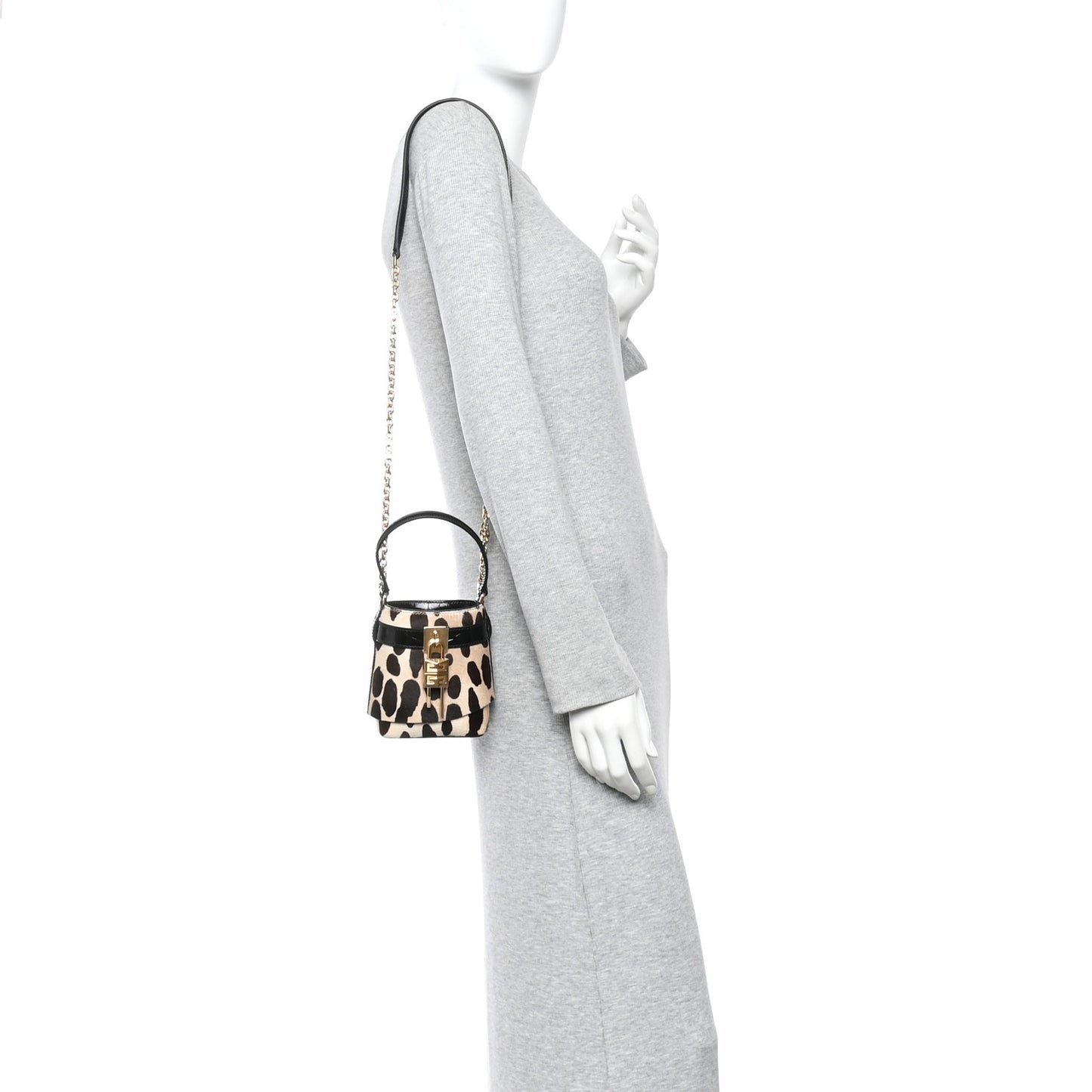 Pony Calfskin Micro Leopard Print Shark Lock Bucket Bag Black Beige
