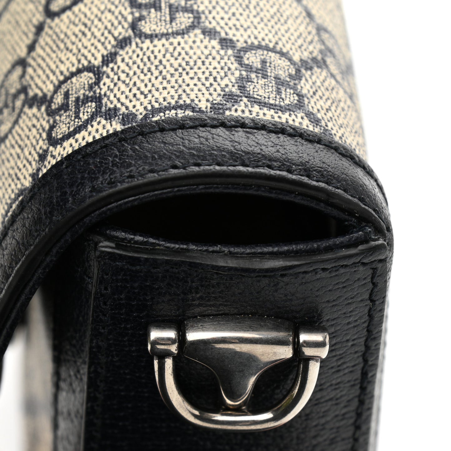 GG Supreme Monogram Textured Dollar Calfskin Web Mini Horsebit 1955 Shoulder Bag Beige Blue