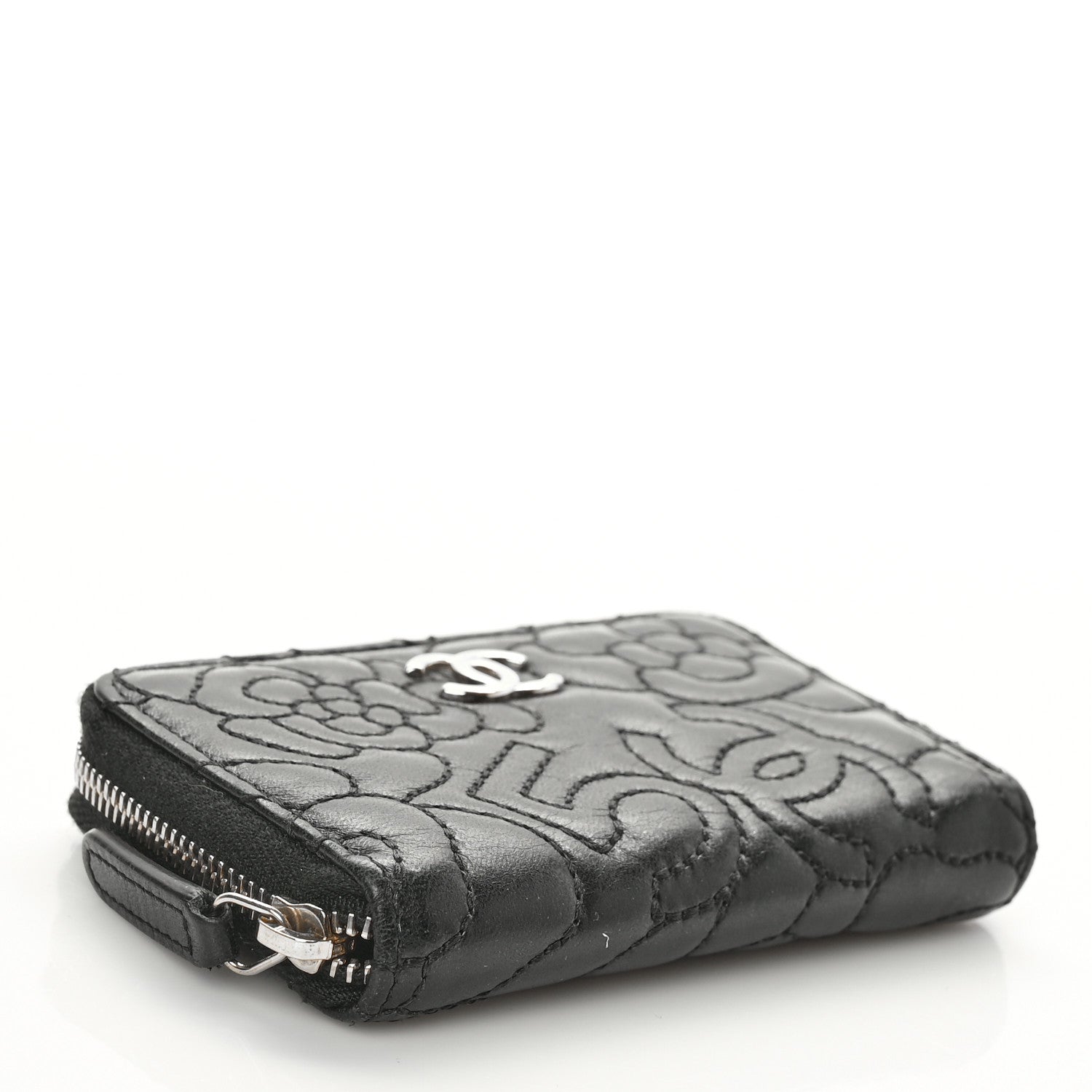 Chanel Lambskin Camellia Embossed Zip Coin Purse Black 3 of 7
