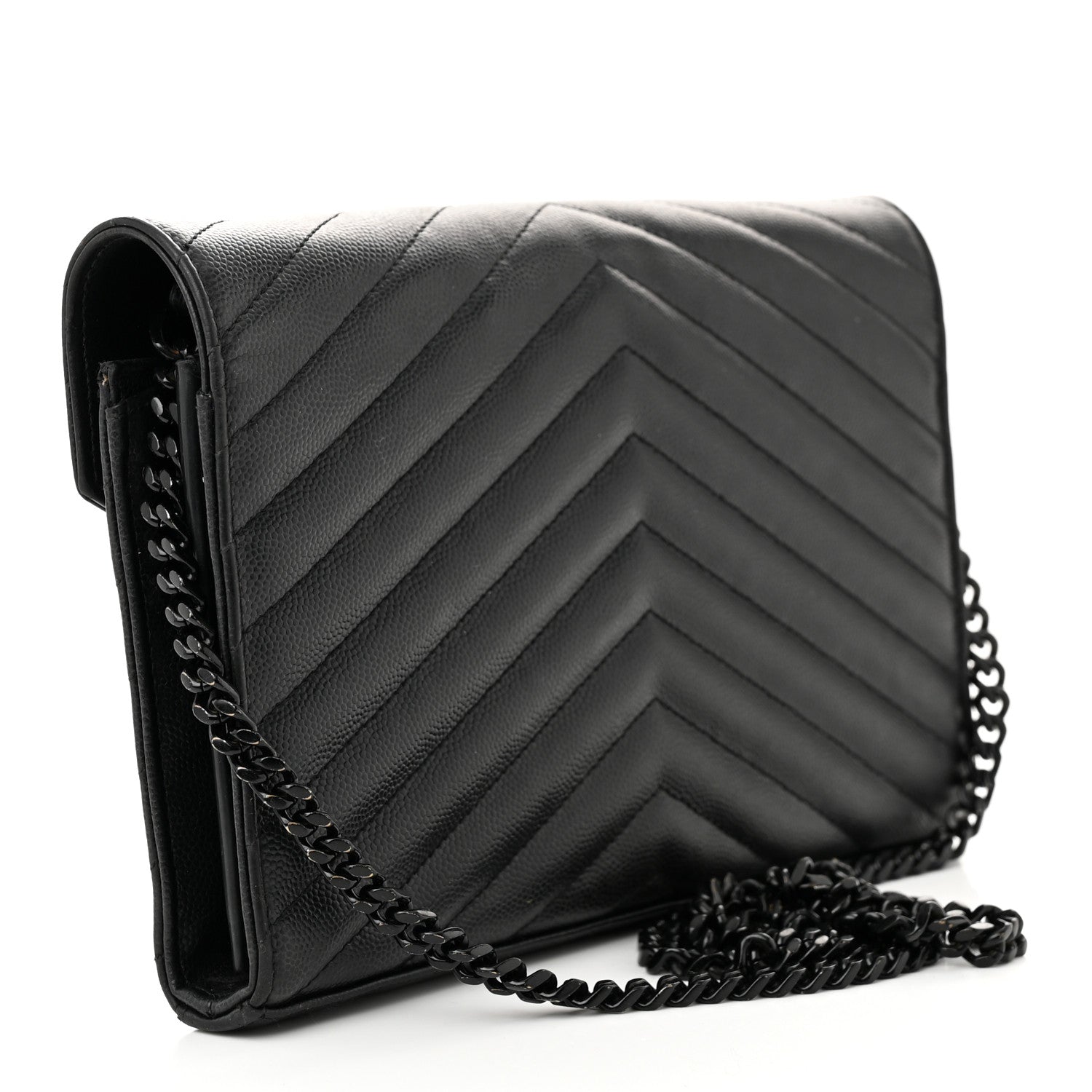 Saint Laurent Grain De Poudre Matelasse Chevron Monogram Monochrome Chain Wallet Black 3 of 13