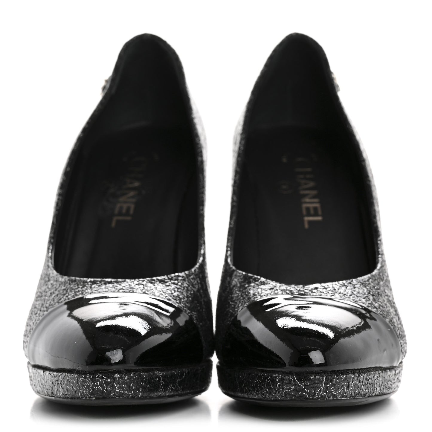 Metallic Crackled Calfskin Patent Cap Toe Pumps 41 Silver Black