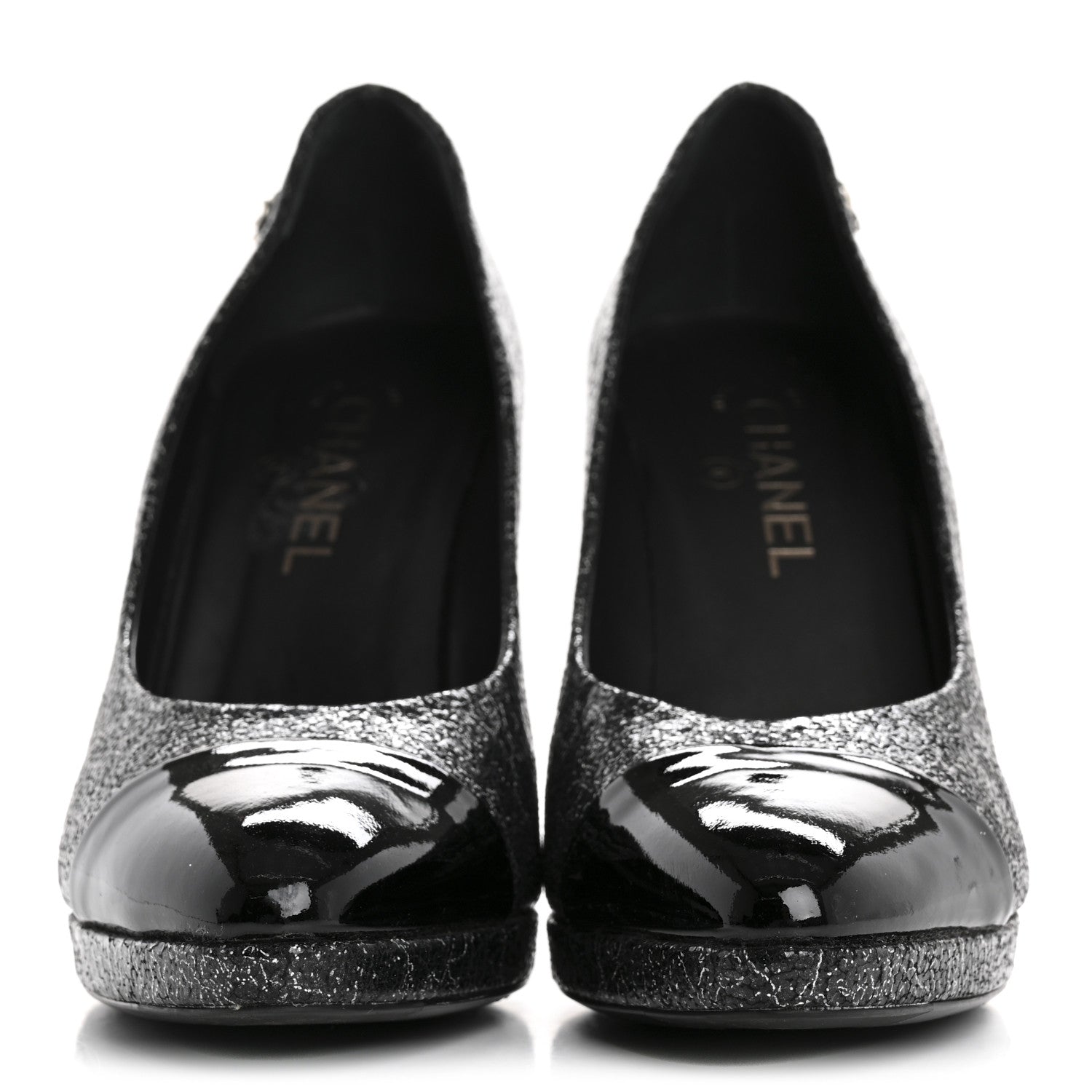 Chanel Metallic Crackled Calfskin Patent Cap Toe Pumps 41 Silver Black 3 of 10