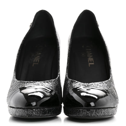 Chanel Metallic Crackled Calfskin Patent Cap Toe Pumps 41 Silver Black 3 of 10