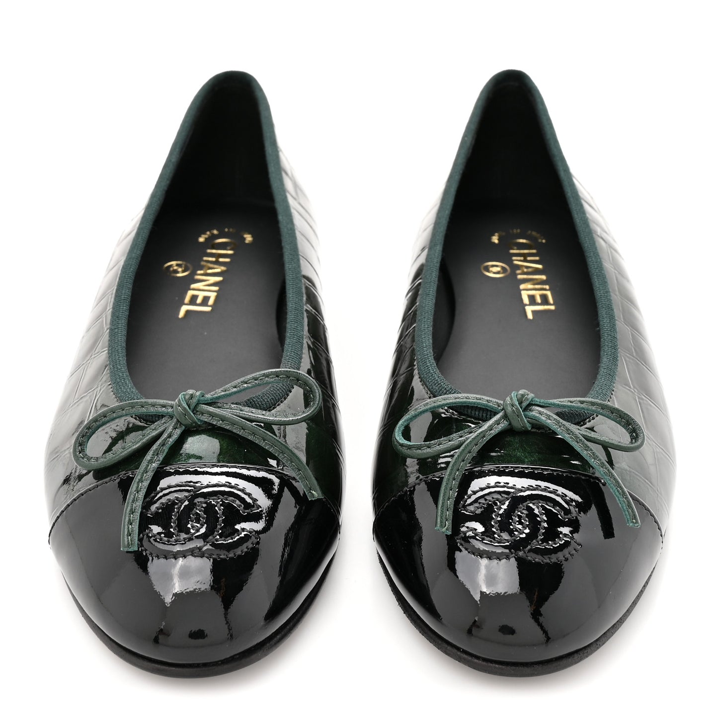 Patent Calfskin Crocodile Embossed Ballerina Flats 37 Dark Green Black