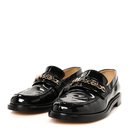 Chanel Shiny Calfskin Logo Loafers 38.5 Black 4 of 10