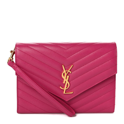 Saint Laurent Grain De Poudre Matelasse Chevron Monogram Envelope Clutch Fuxia Couture 1 of 9