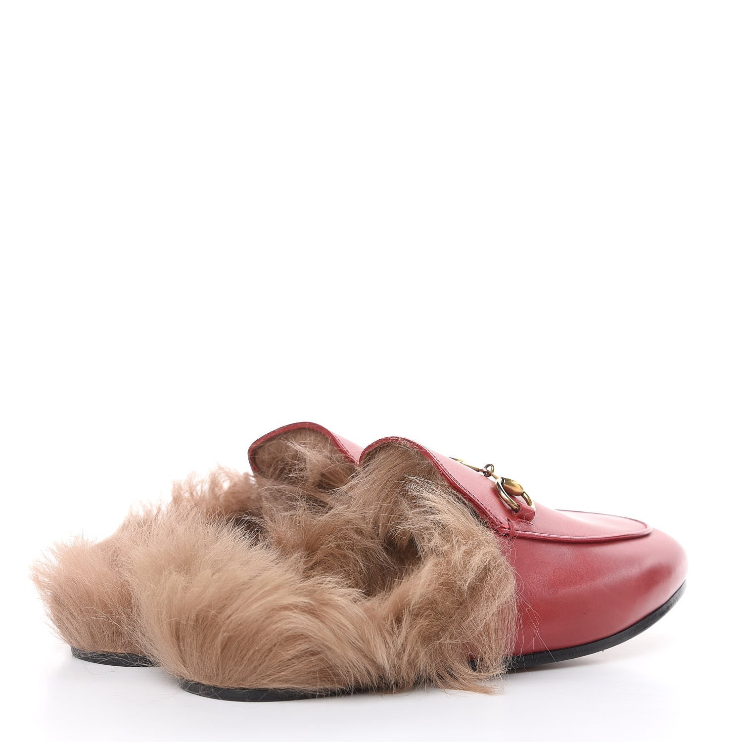 Gucci Betis Glamour Calfskin Fur Womens Princetown Slippers 37 Hibiscus Red Naturale 4 of 13