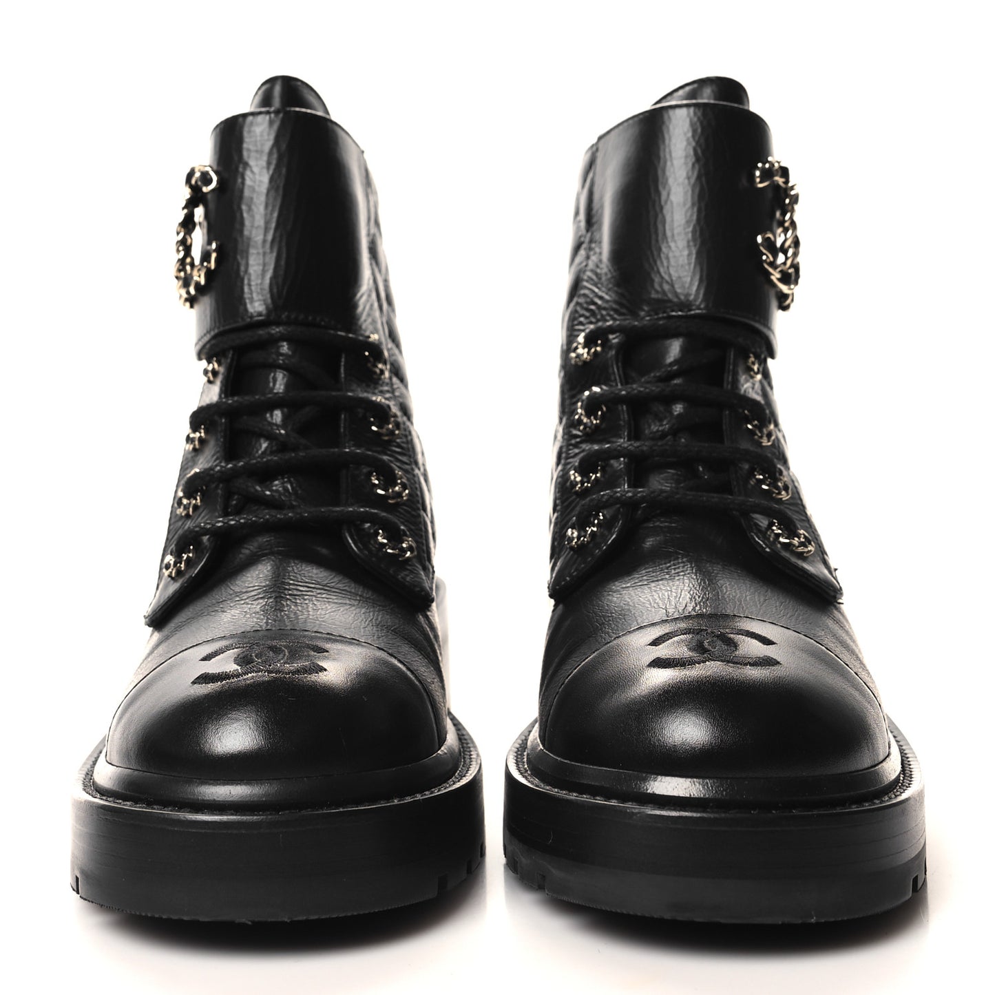 Shiny Goatskin Calfskin Quilted Lace Up Combat Boots 38 Black