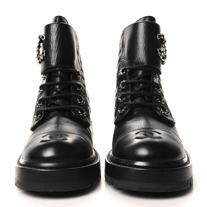 Chanel Shiny Goatskin Calfskin Quilted Lace Up Combat Boots 38 Black 2 of 9