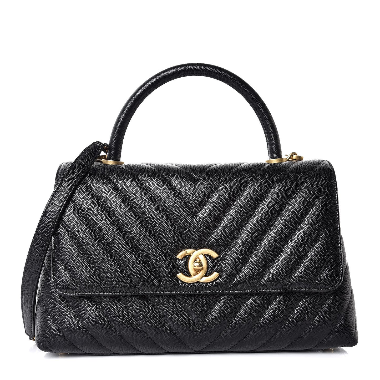 Caviar Chevron Quilted Small Coco Handle Flap Black