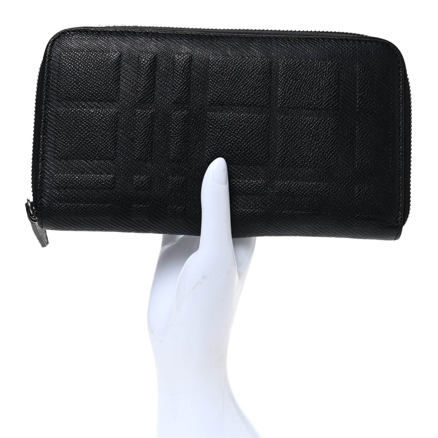 Grainy Calfskin Check Embossed Zip Around Wallet Black