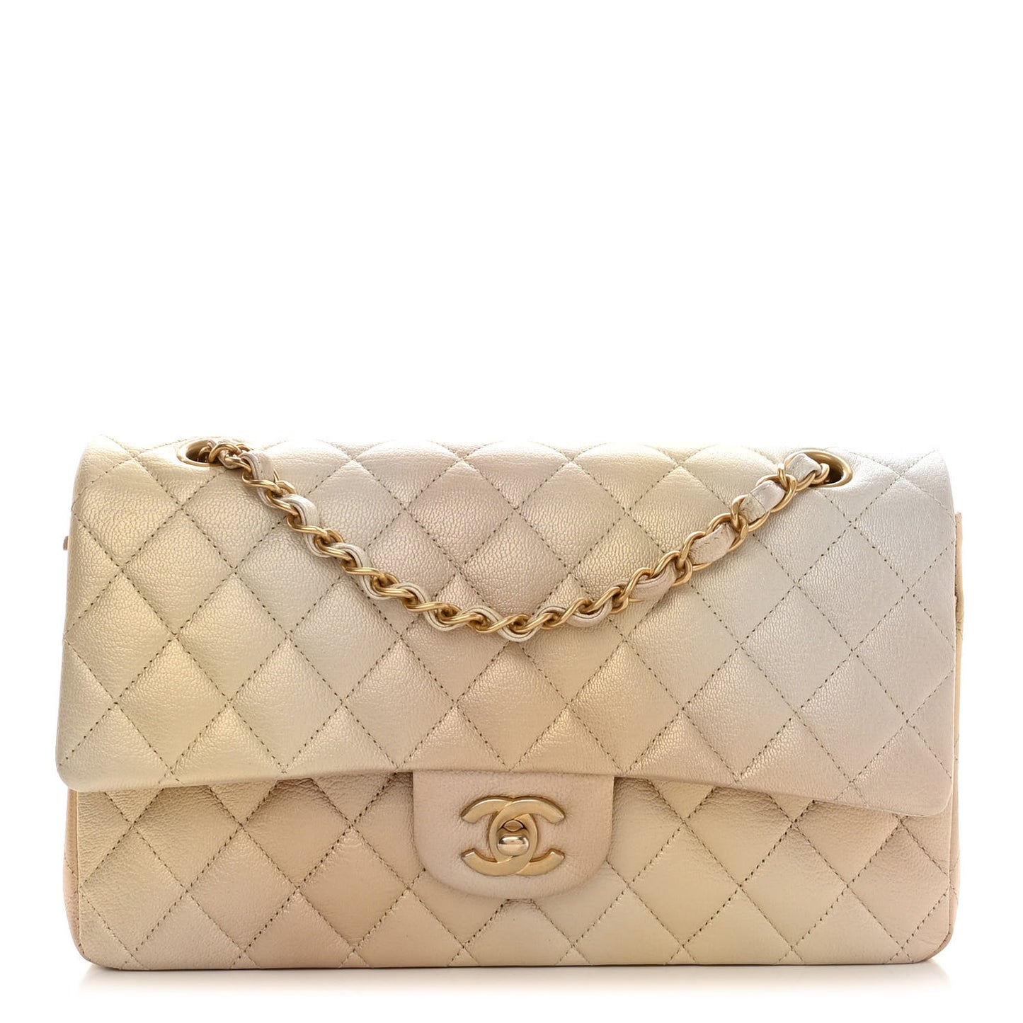 Metallic Goatskin Quilted Ombre Medium Double Flap Gold