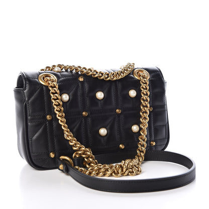 Gucci Calfskin Matelasse Studded Mini Pearly GG Marmont Shoulder Bag Black 3 of 8
