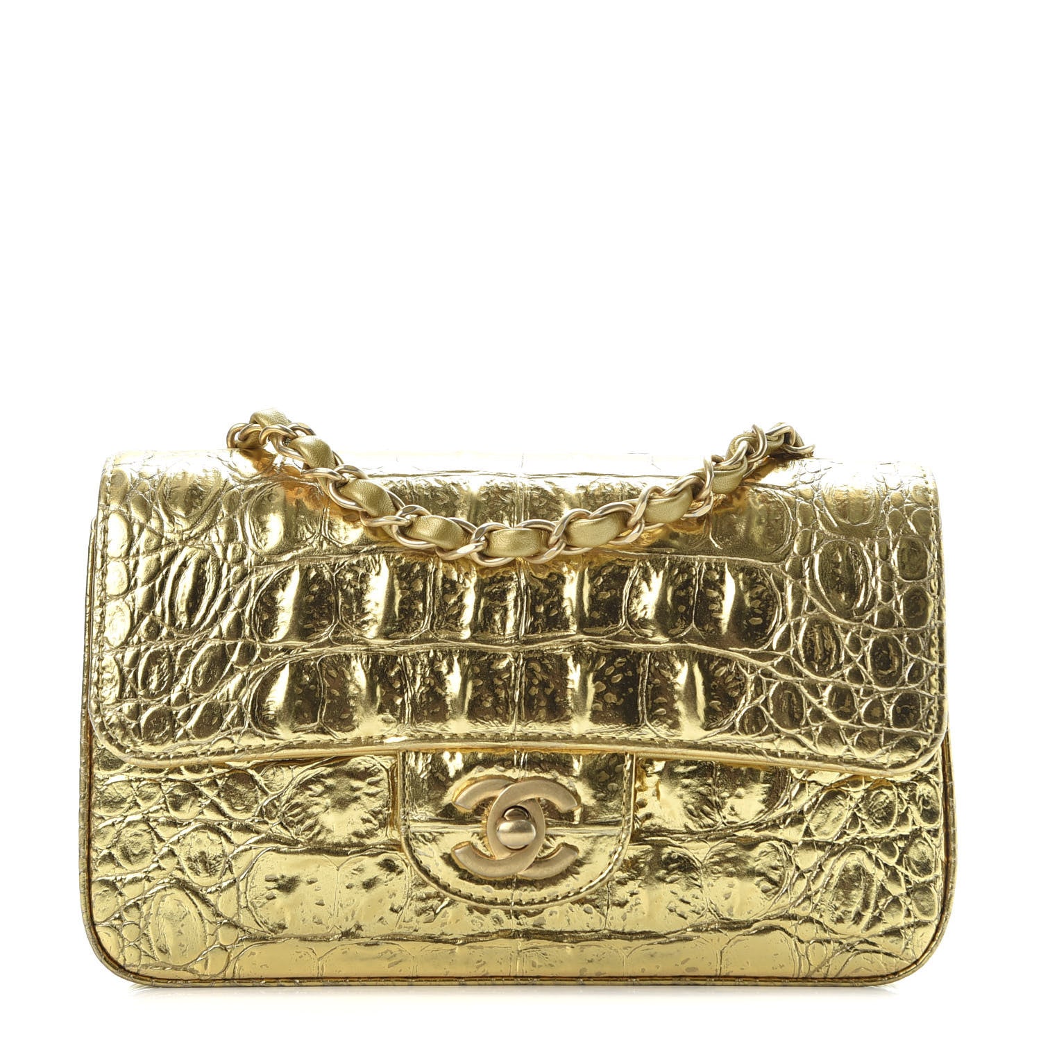 Chanel Metallic Calfskin Crocodile Embossed Cocodile Rectangular Mini Flap Gold 1 of 9