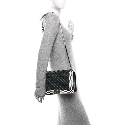 Chanel Calfskin Quilted Checkerboard Trim New Medium Boy Flap Black White 3 of 11