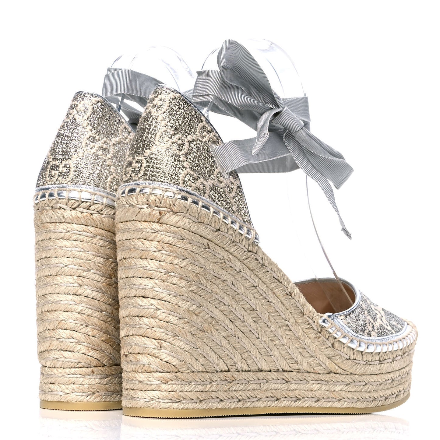 Lame GG Monogram Ankle Wrap Platform Espadrille Wedges 39 Silver
