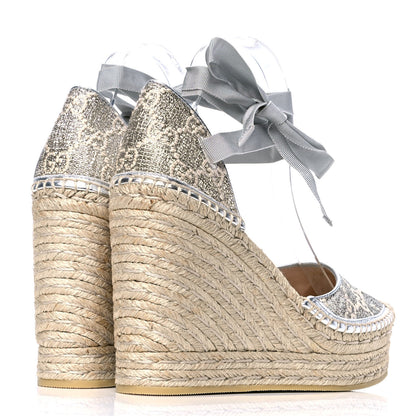 Gucci Lame GG Monogram Ankle Wrap Platform Espadrille Wedges 39 Silver 3 of 4
