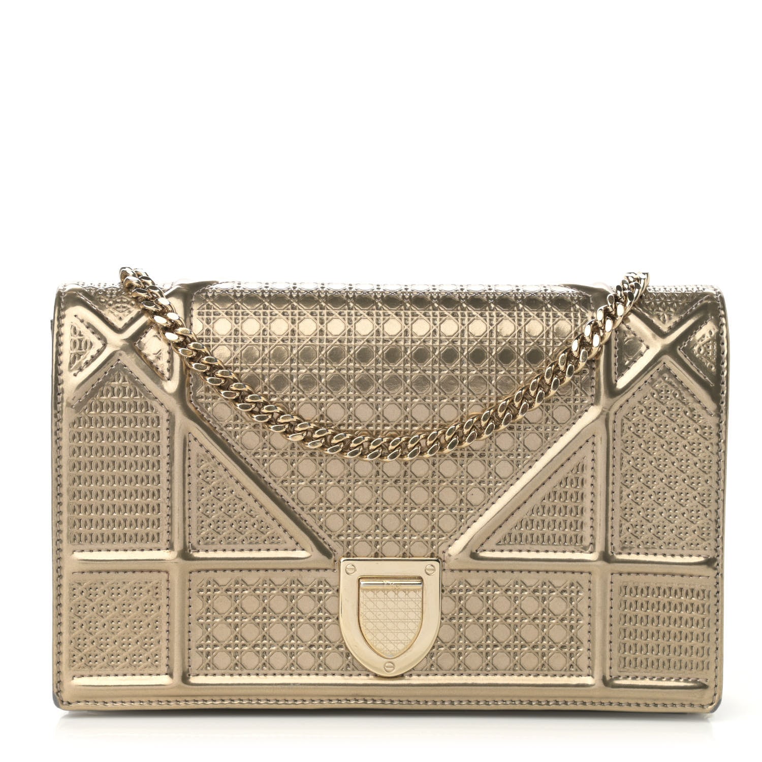 Christian Dior Metallic Patent Micro-Cannage Diorama Wallet on Chain Pouch Gold 1 of 12