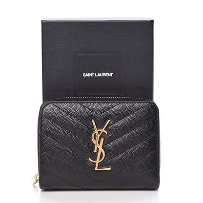 Saint Laurent Grain De Poudre Matelasse Chevron Monogram Compact Zip Around Wallet Black 11 of 11