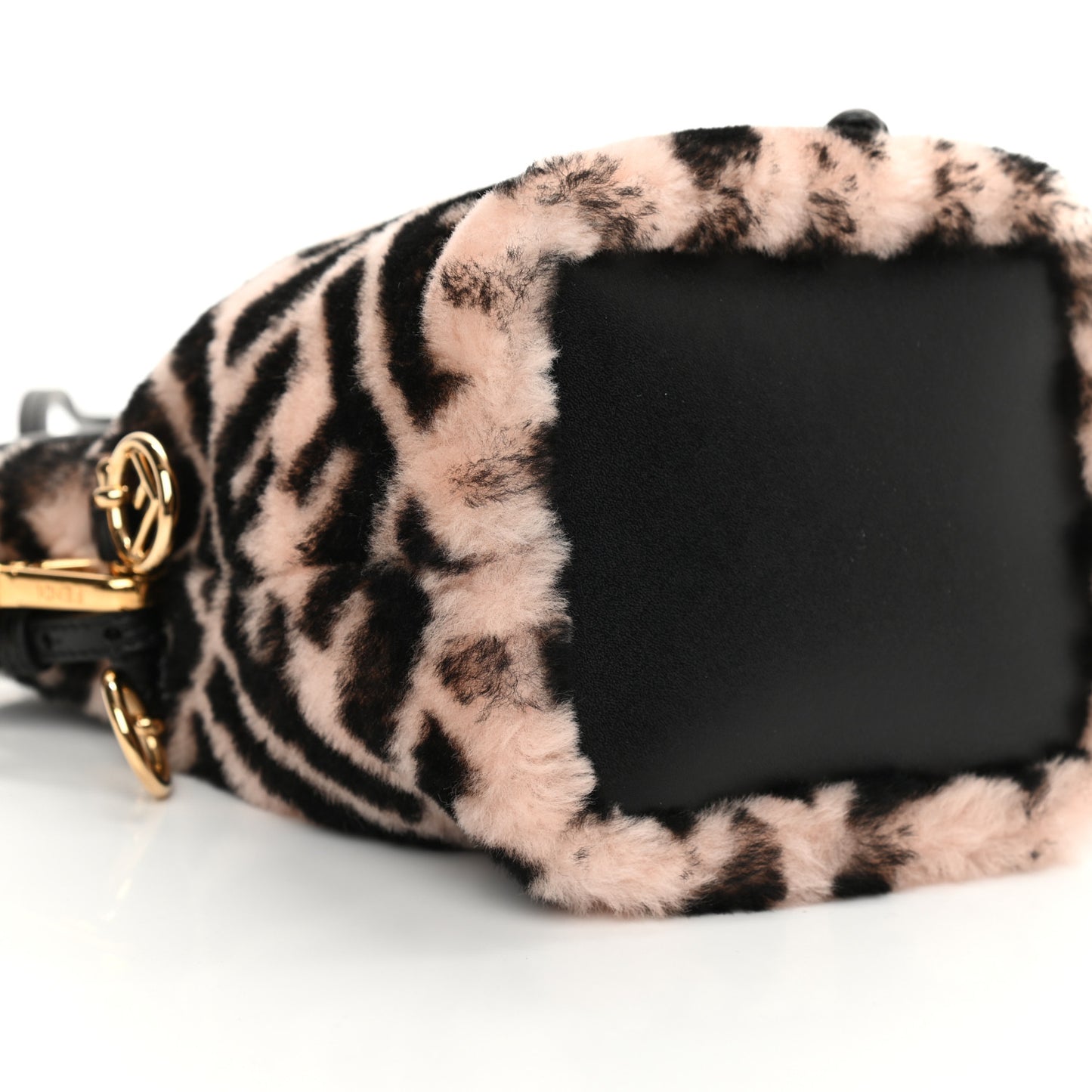 Shearling F is Fendi Macro FF 1974 Diagonal Mini Mon Tresor Bucket Bag Light Rose Black