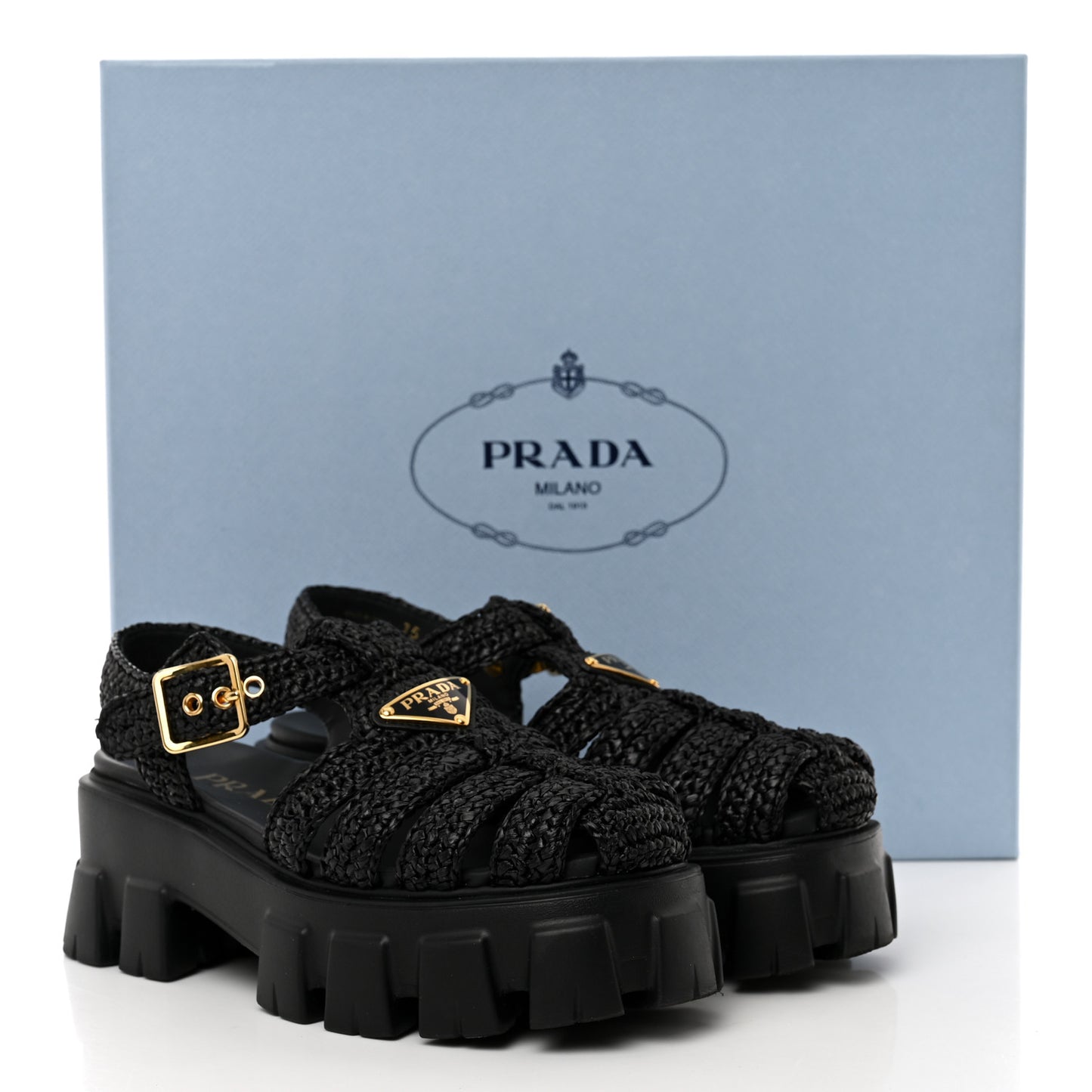 Raffia Metal Triangle Logo Crochet Monolith 55mm Cage Sandals 35 Black