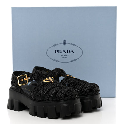 Prada Raffia Metal Triangle Logo Crochet Monolith 55mm Cage Sandals 35 Black 9 of 9