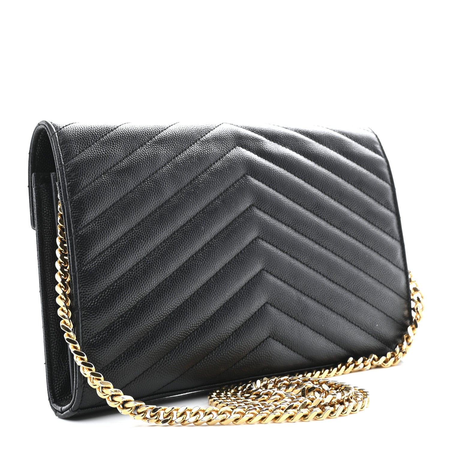 Saint Laurent Grain De Poudre Matelasse Chevron Monogram Chain Wallet Black 3 of 12