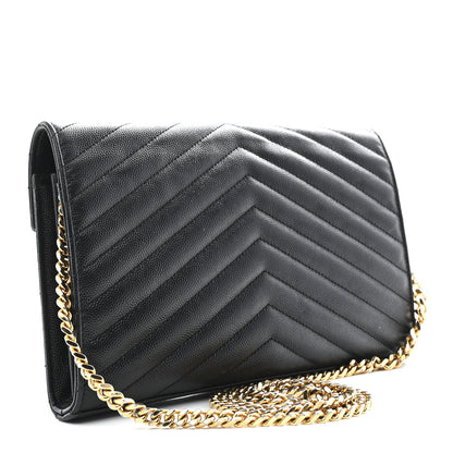 Saint Laurent Grain De Poudre Matelasse Chevron Monogram Chain Wallet Black 3 of 12