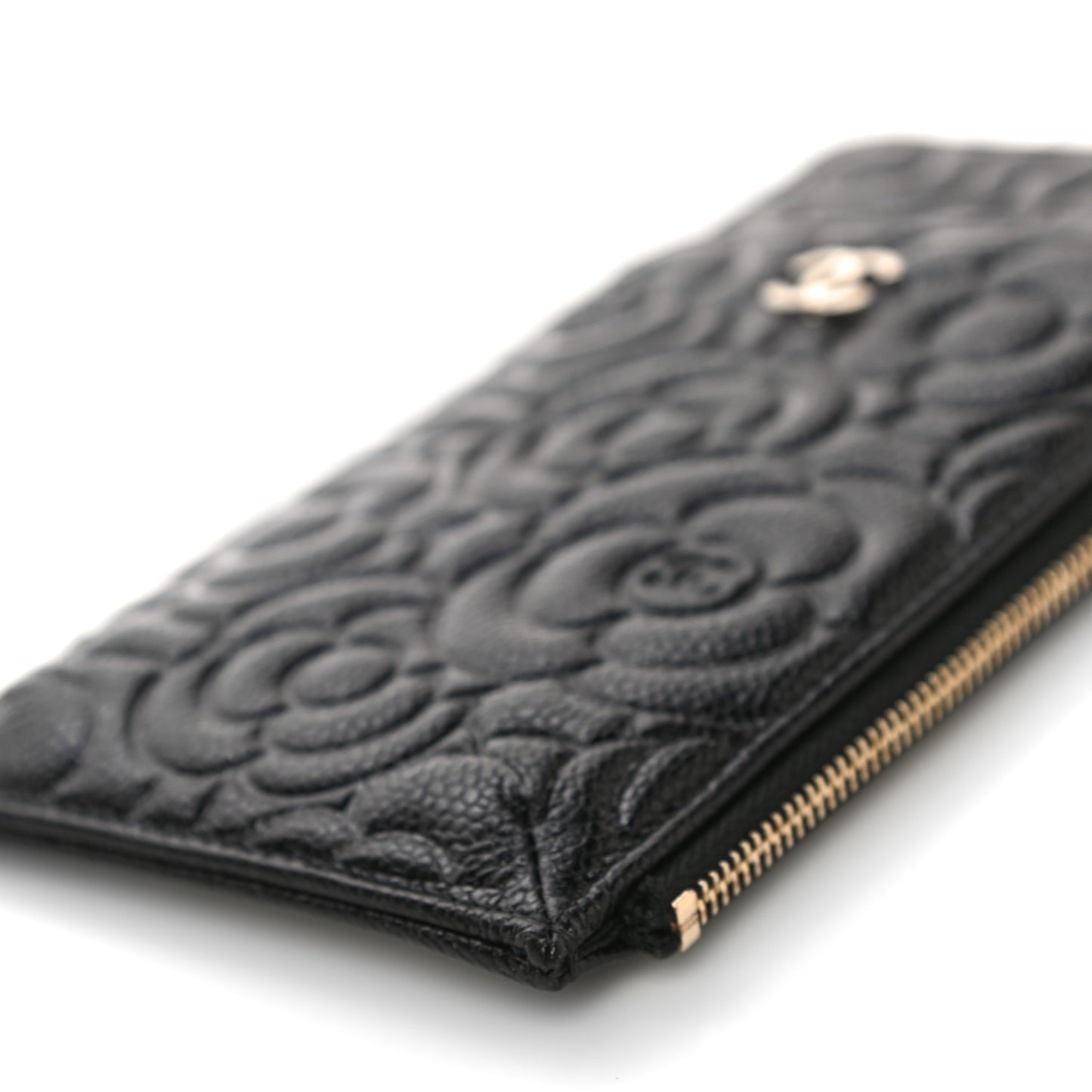Caviar Camellia Embossed Classic Flat Wallet Pouch Black
