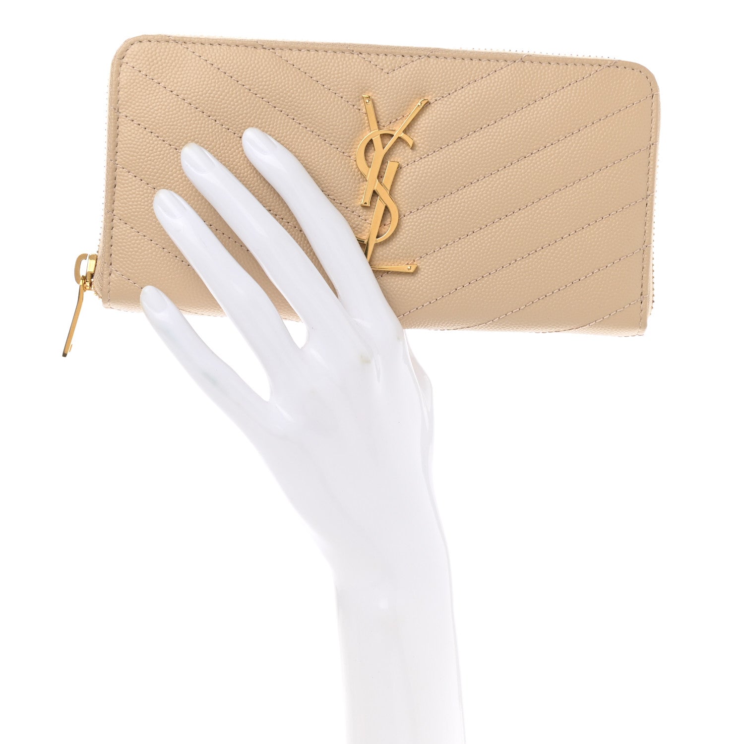 Saint Laurent Grain De Poudre Matelasse Chevron Monogram Zip Around Wallet Nude 2 of 6