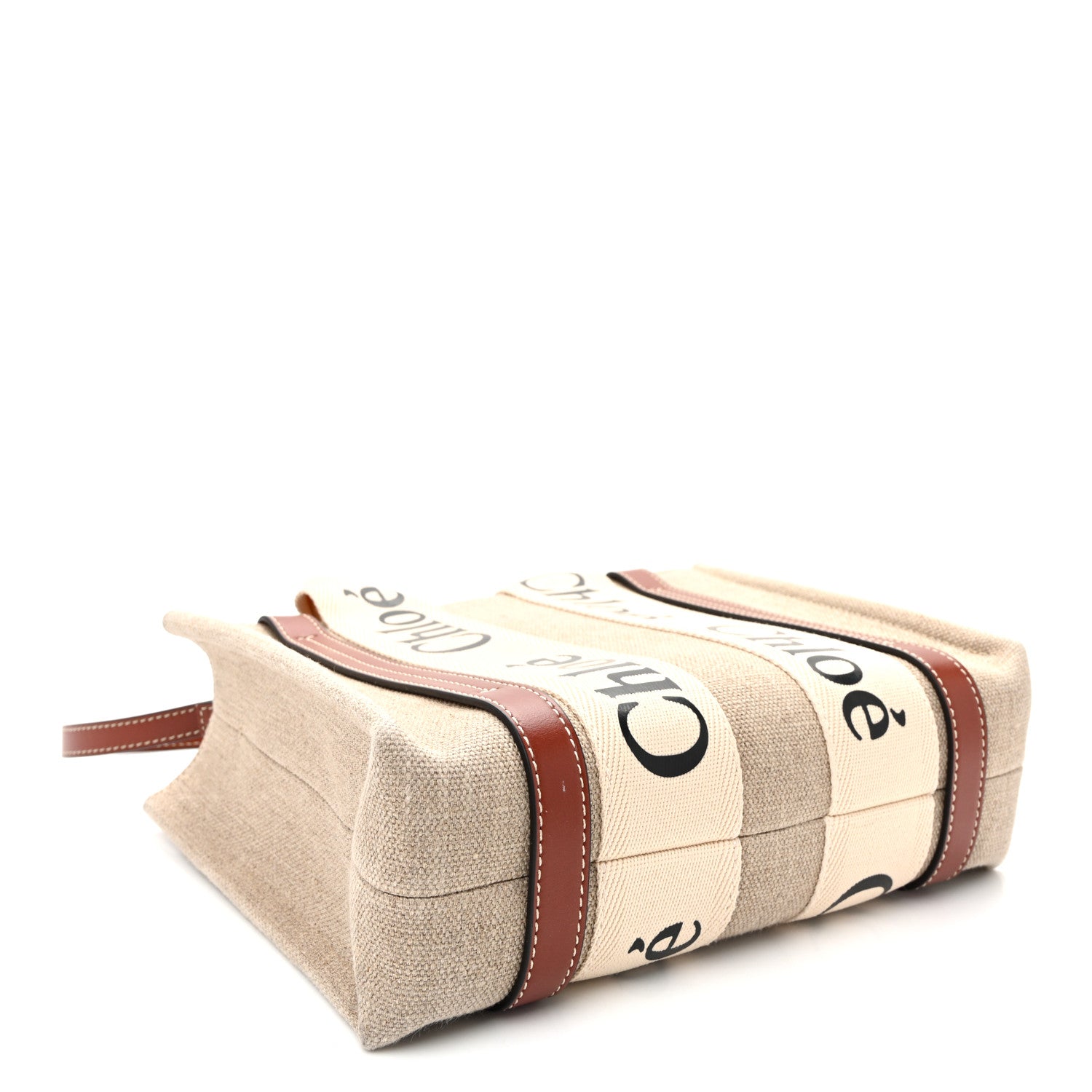 Chloe Cotton Calfskin Small Woody Ribbon Tote With Strap White Brown 4 of 11