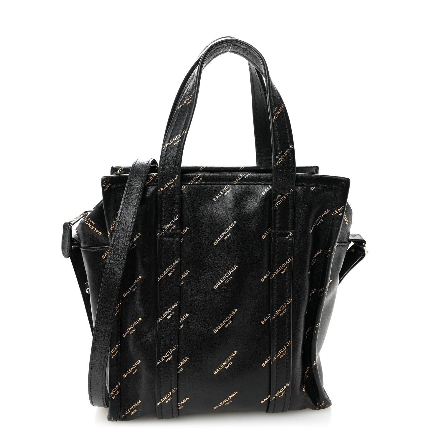 Balenciaga Calfskin Allover Logo XS Bazar Shopper Tote Black Gold 1 of 12