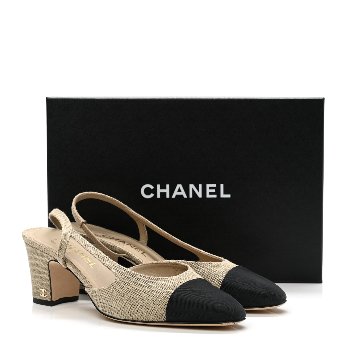 Fabric Grosgrain Cap Toe CC Slingback Pumps 38.5 Dark Beige Black