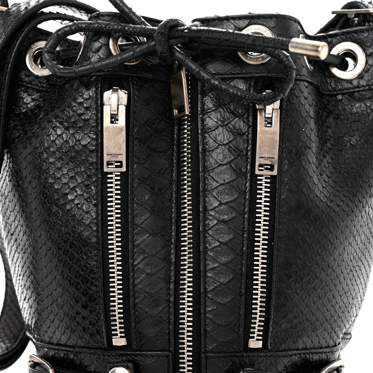 Calfskin Snakeskin Embossed Small Rider Bucket Bag Black