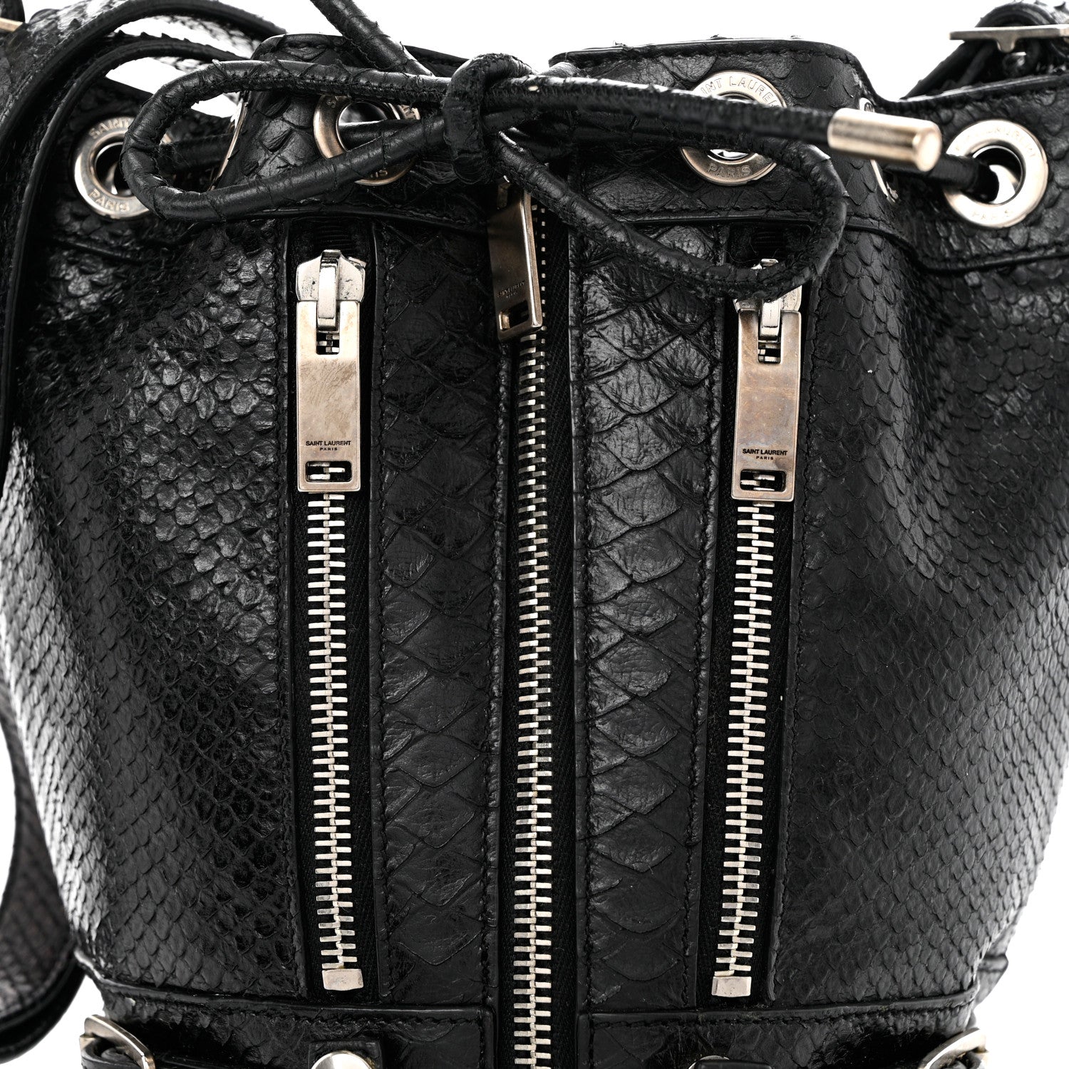 Saint Laurent Calfskin Snakeskin Embossed Small Rider Bucket Bag Black 6 of 8