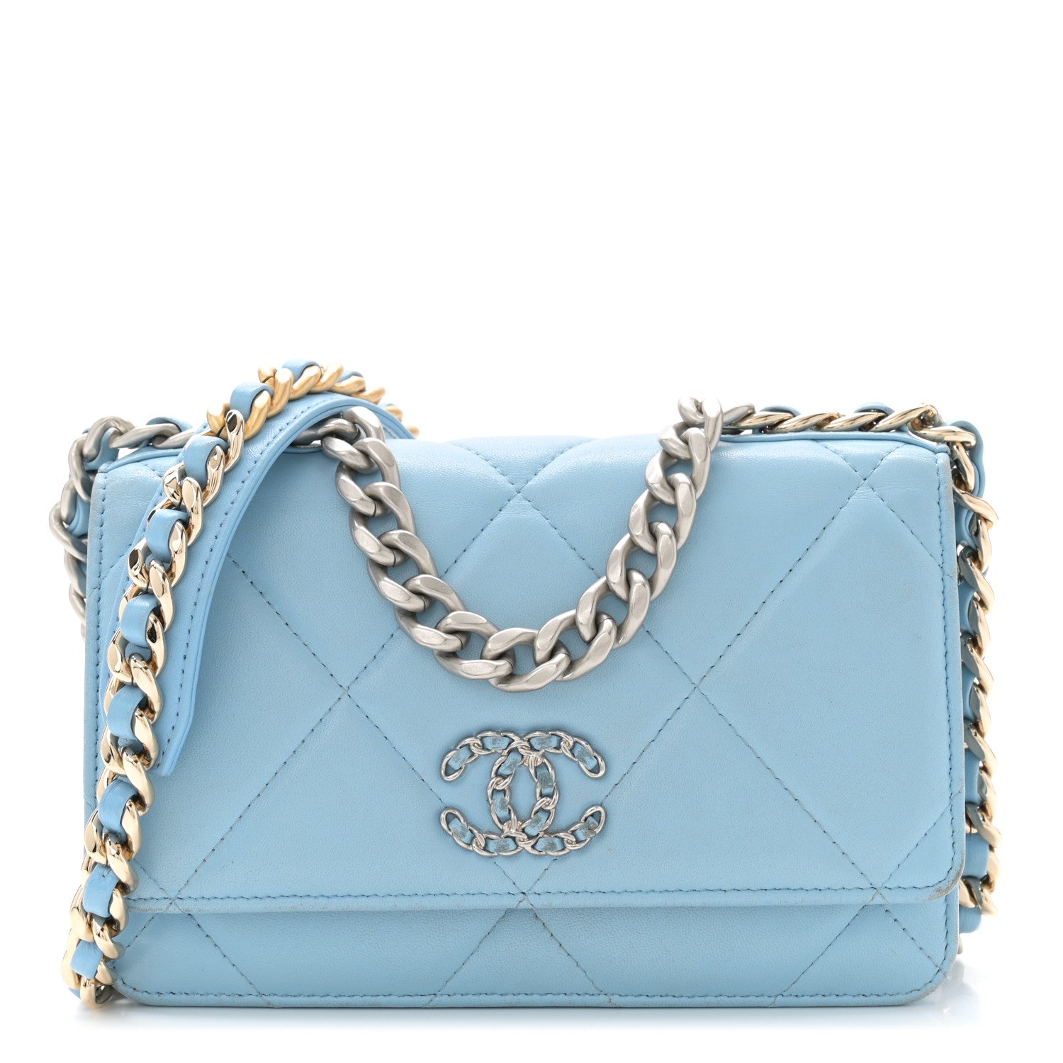 Chanel Lambskin Quilted Chanel 19 Wallet On Chain WOC Light Blue 1 of 14