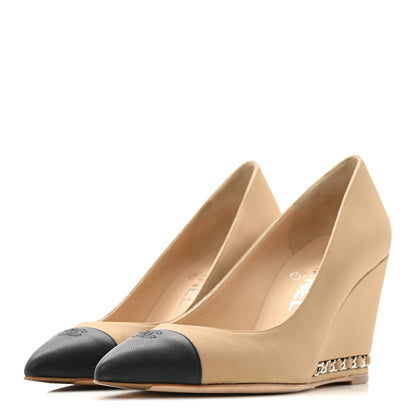 Chanel Calfskin Cap Toe Chain Wedge Pumps 36 Marron Clair Black 5 of 13