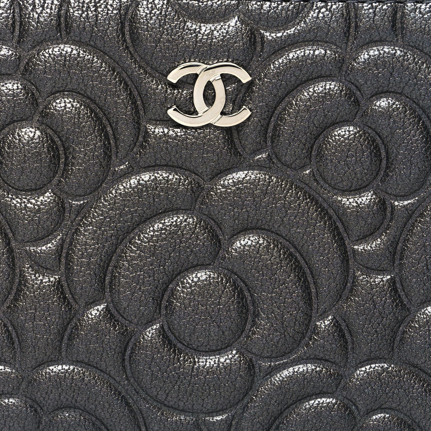 Goatskin Camellia Embossed Cosmetic Pouch Anthracite