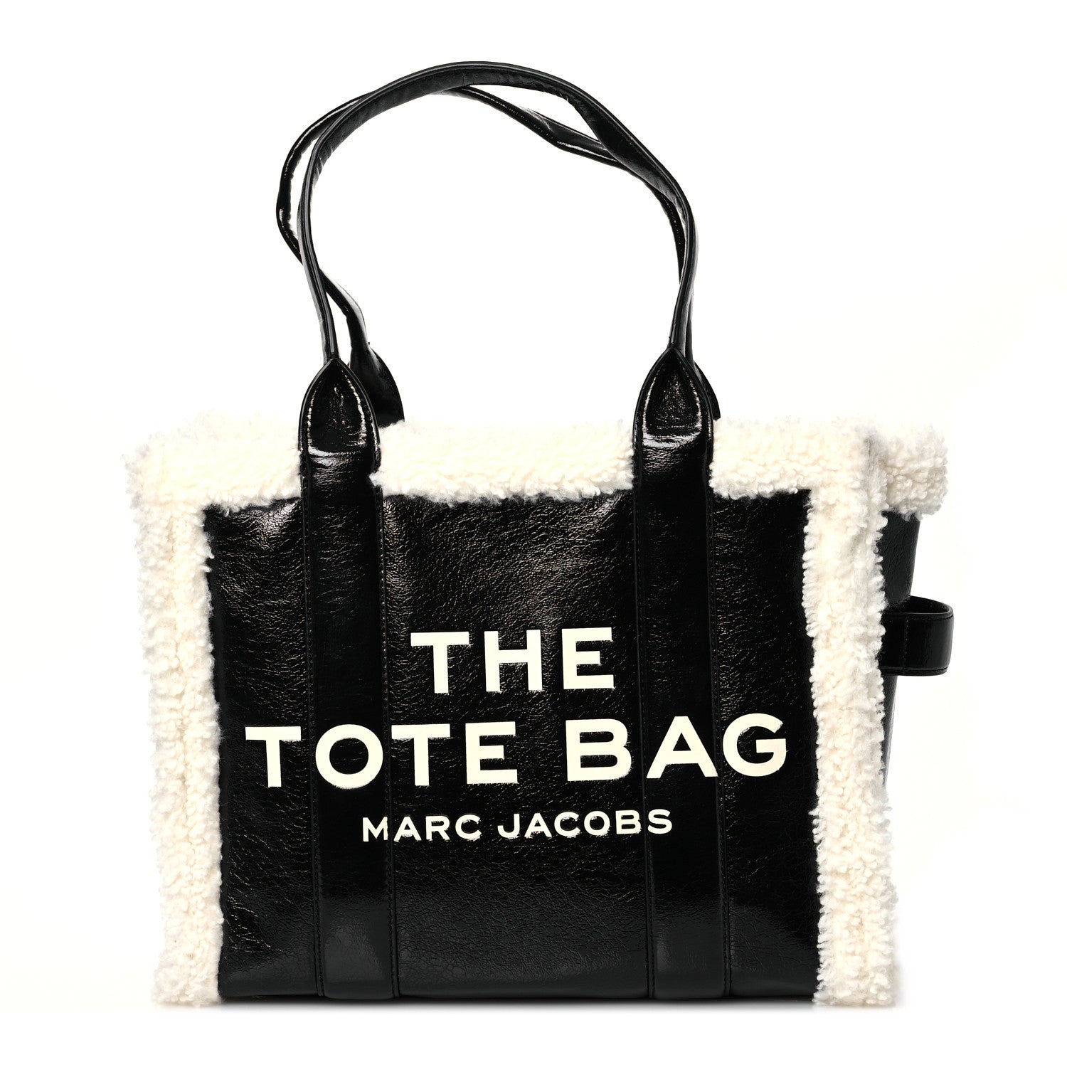 Marc Jacobs Shiny Calfskin Faux Shearling Large The Traveler Tote Bag Black 1 of 12