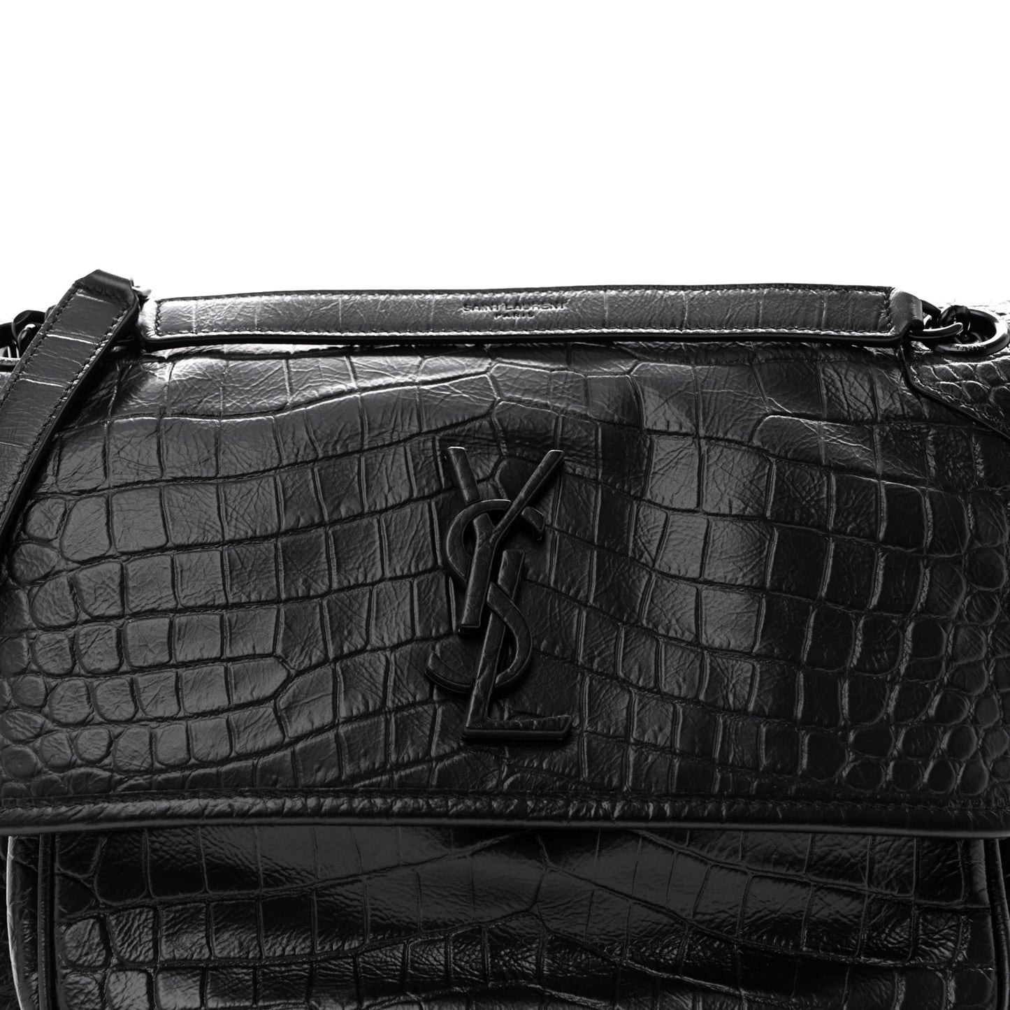 Nubuck Crocodile Embossed Monogram Medium Niki Chain Satchel Black