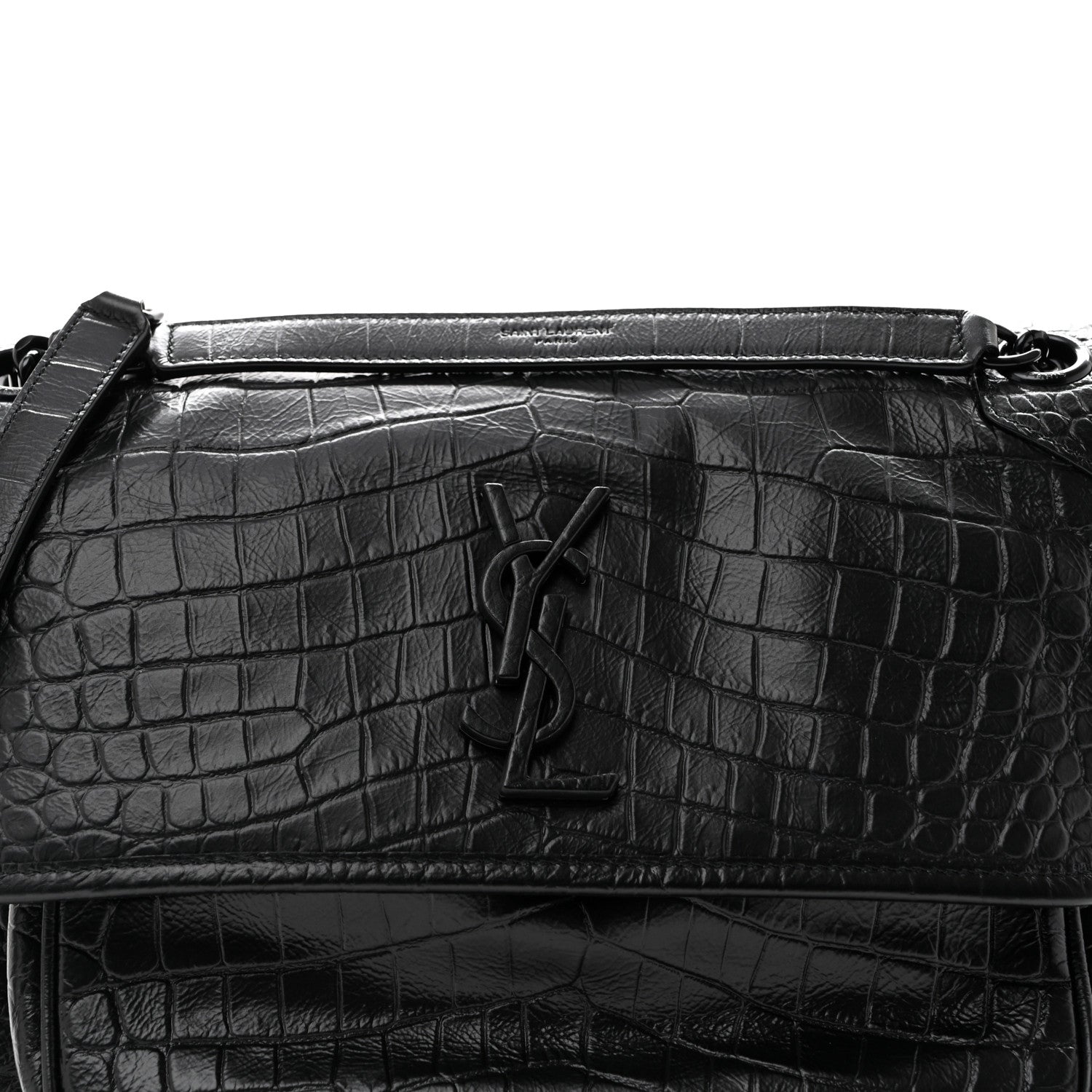 Saint Laurent Nubuck Crocodile Embossed Monogram Medium Niki Chain Satchel Black 8 of 10